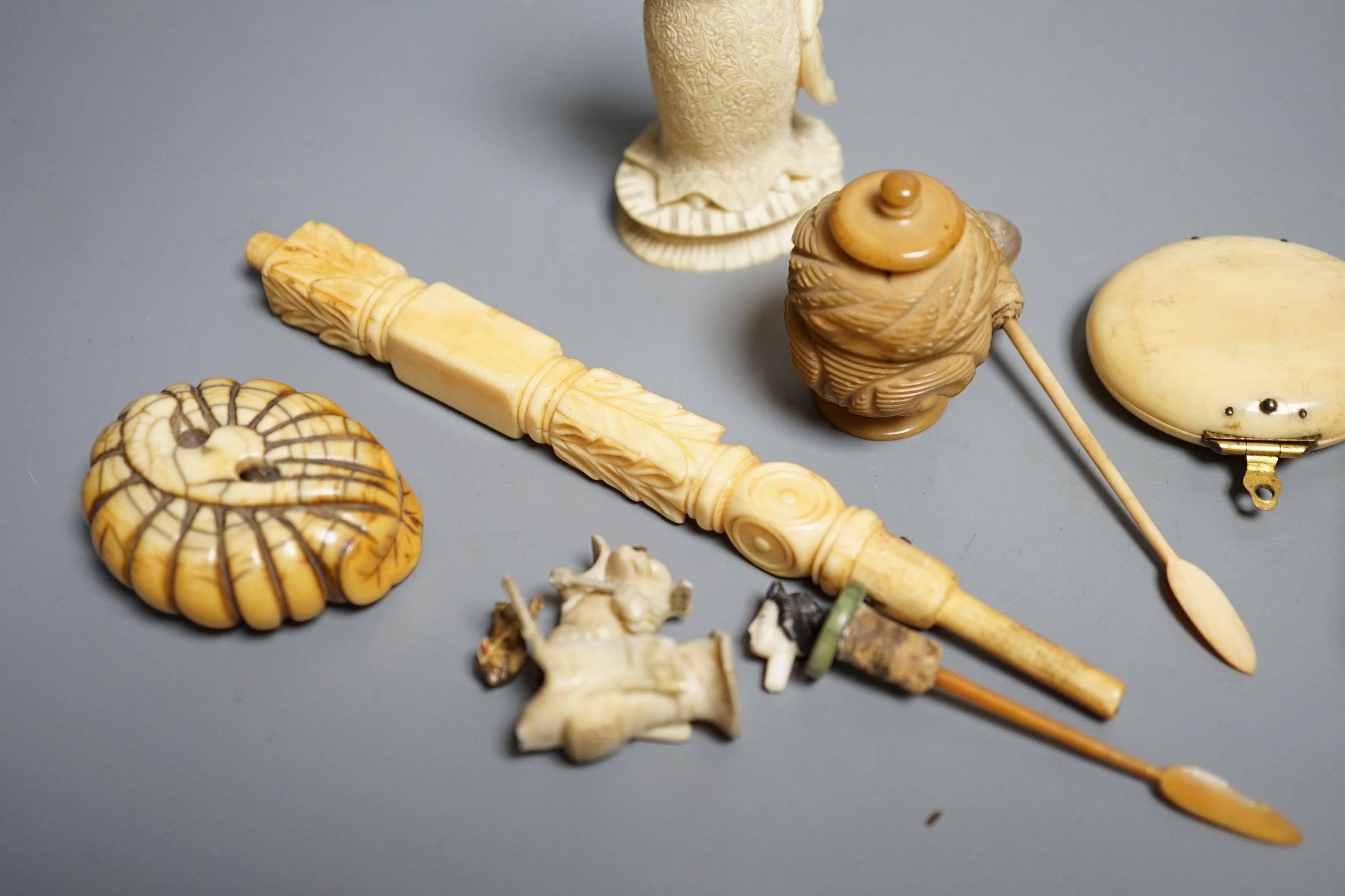 A group of 19th/early 20th century ivory carvings, a shibayama style box, framed miniatures etc